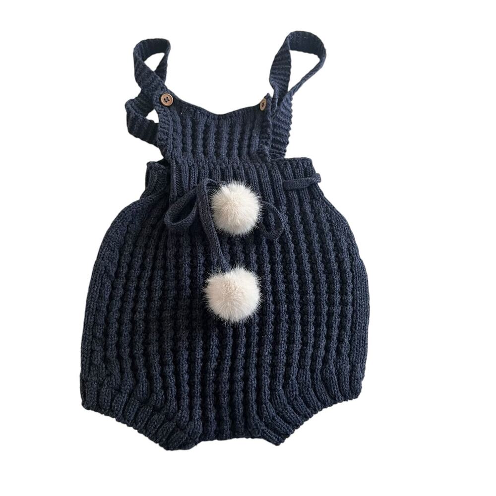 Nueces Azul Jeans Knit Romper Pom Pom Tie Front Boys Boutique One Piece